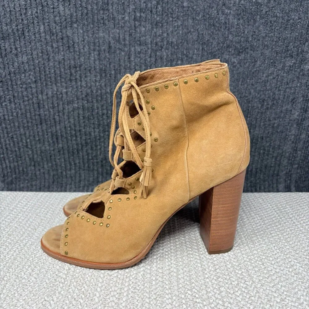 Frye Gabby Ghillie Studded Shooties Brown Suede Heeled Boots Lace Peep Toe 10